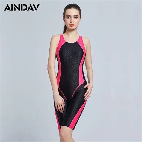 quick dry swimwear professional knee length round neck swimsuit women one piece sports bathing