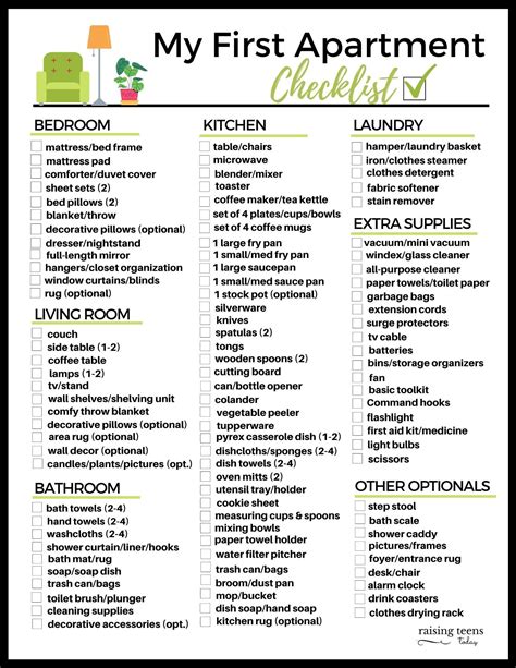 My First Apartment Checklist Free Printable Raising Teens Today
