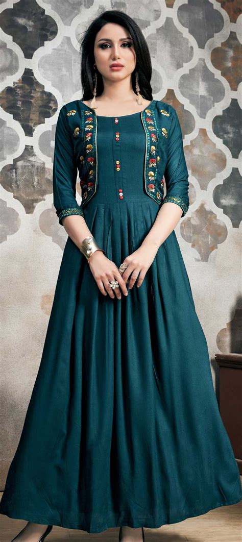 Khadi Party Wear Gown In Blue With Embroidered Work Western Dresses