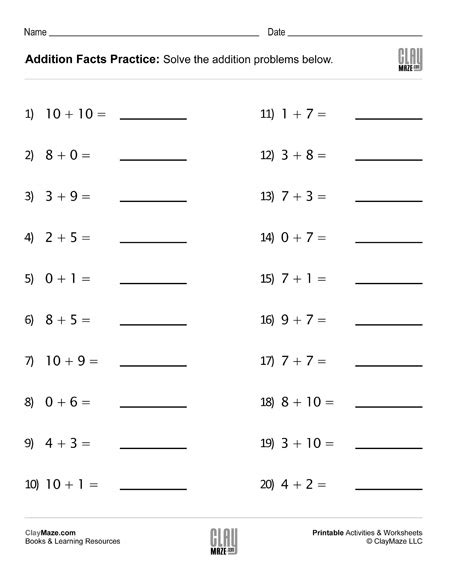 Addition Facts Practice Worksheet Set 3 Childrens Educational
