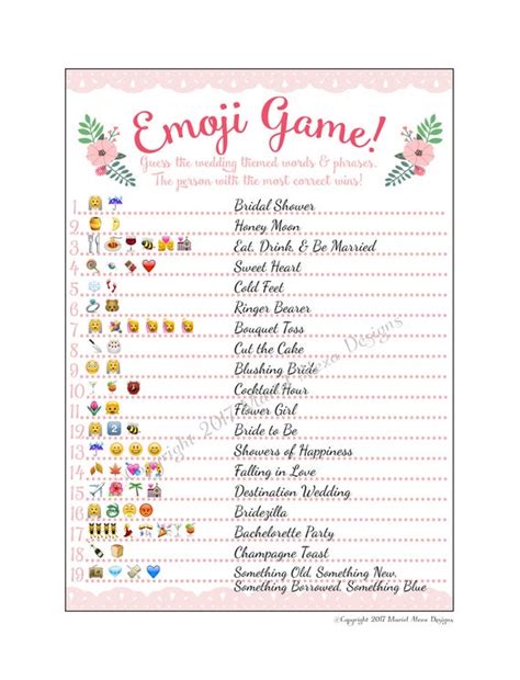 Jan 08, 2020 · enough of our free bridal emoji pictionary printable game cards for each guest (bride included!) to have a copy. Bridal Shower Emoji Game Fun Unique Games DIY PDF Wedding ...