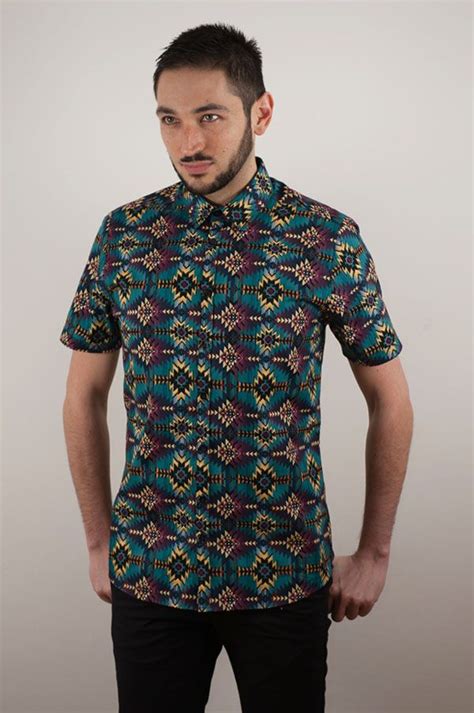 Short Sleeved Multi Coloured Tailored Aztec Print Shirt Smart Casual