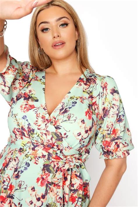 plus size yours london sage green floral puff sleeve wrap top yours clothing