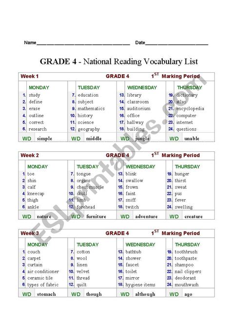 English Worksheets 4th Grade National Vocabulary List