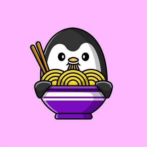 Cute Penguin Eating Noodle Cartoon Vector Icons Illustration Flat