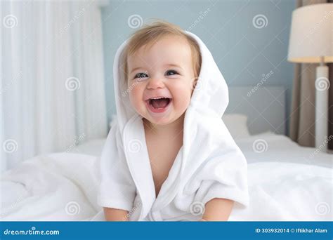 A Joyful Baby With A Beaming Smile Lies On A Bed Snugly Wrapped In A Soft Towel Cute Happy