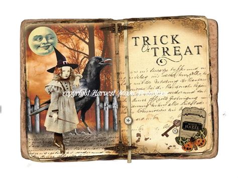 An Old Book With A Halloween Scene Inside It And A Witch On The Cover