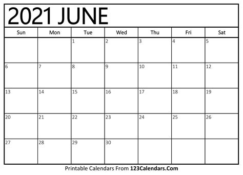 Printable June 2021 Calendar Templates