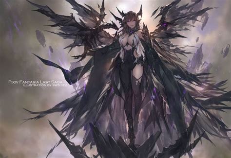 An Anime Character With Long Hair And Wings On Her Back Standing In