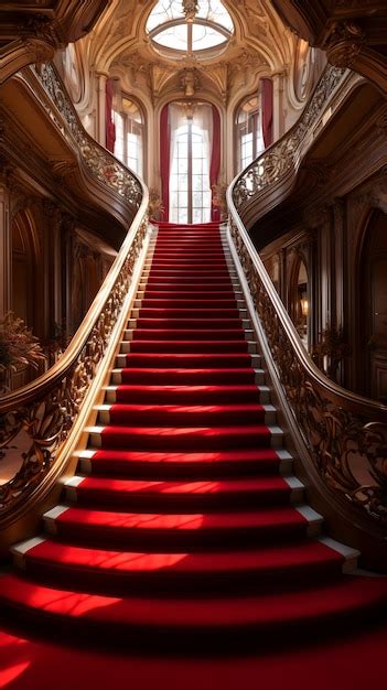 Premium Ai Image Red Carpeted Staircase Leading Up To Large Window