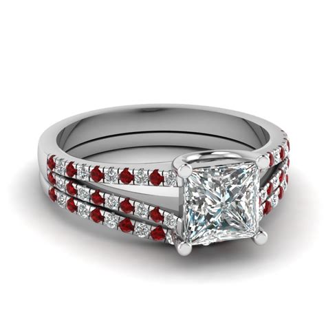 Princess Cut Diamond Delicate Split Wedding Ring Set With Ruby In 14k