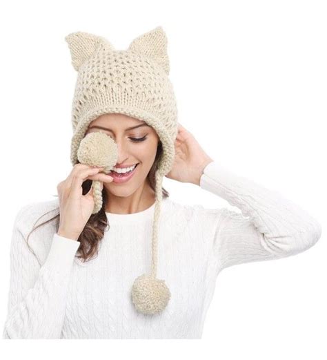 Winter Cute Cat Ears Knit Hat Ear Flap Crochet Beanie Hat Beige