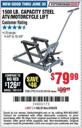Here at carliftparts we have over 30 years. PITTSBURGH AUTOMOTIVE 1500 lb. Capacity ATV/Motorcycle ...