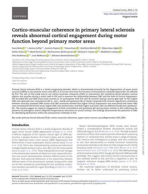 Pdf Cortico Muscular Coherence In Primary Lateral Sclerosis Reveals