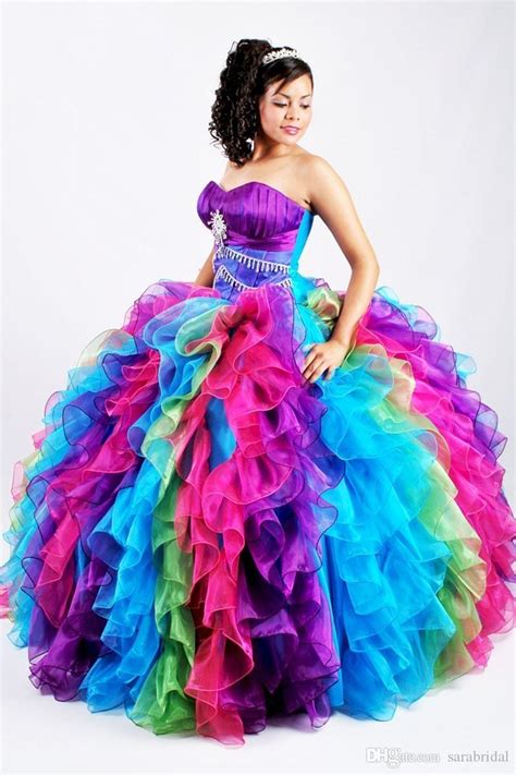 2017 Ball Gown Rainbow Quinceanera Dresses With Colorful Organza