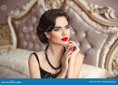 beautiful brunette elegant woman portrait manicure nails stock image image of glamour dress