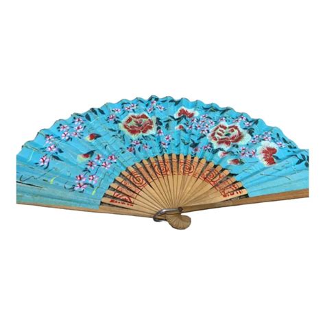 Vintage Oriental Hand Fan Wood Handle Flowers Asian Fold Up Dianthus