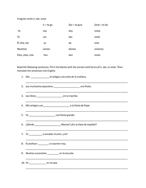 Ar Er Ir Verbs Worksheet In Spanish Answers