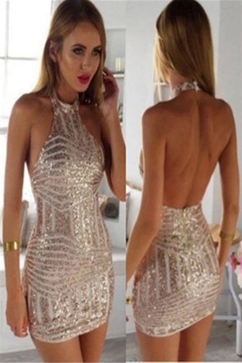 New Arrival Prom Dresses Sexy Halter Sleeveless Open Back Tight Short Rose Gold Homecoming Dress