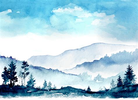 Vector Antiquity Sky Mountains Woods Watercolor Background Blue Art
