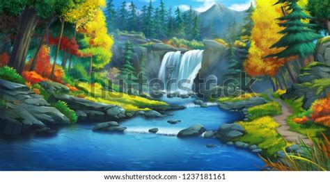 Waterfall Forest Fiction Backdrop Concept Art Stock Illustration 1237181161
