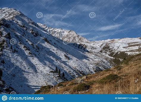 A Snowy Mountain Slope Next To A Grassy One Under A Blue Sky Stock