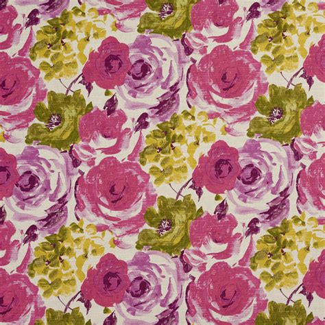 Pink and Green Rose Floral Print Linen Upholstery Fabric