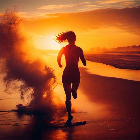 premium photo a woman running on the beach at sunset