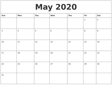 May 2020 Editable Calendar Template