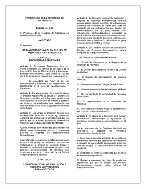 Reglamento DE LA LEY 292 DE Medicamentos Y Farmacias 7192 PRESIDENCIA