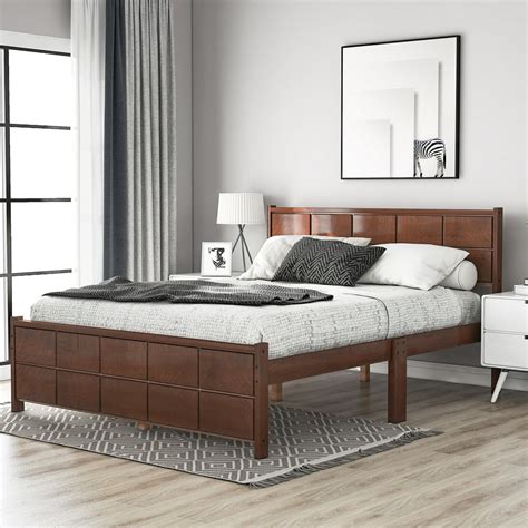 Euroco Queen Platform Bed Wood Frame With Headboard And Footboardbrown