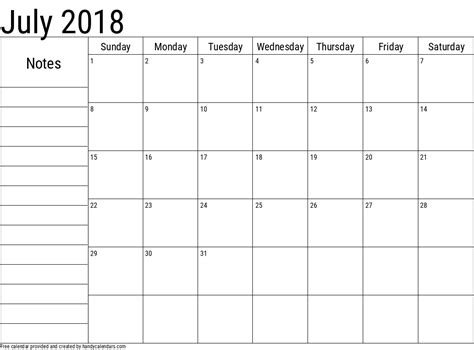 2018 July Calendars Handy Calendars