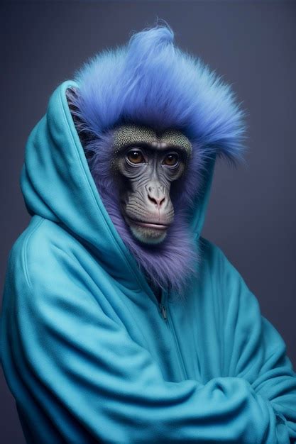 Premium Photo Close Up Of A Monkey Wearing A Blue Hoodie