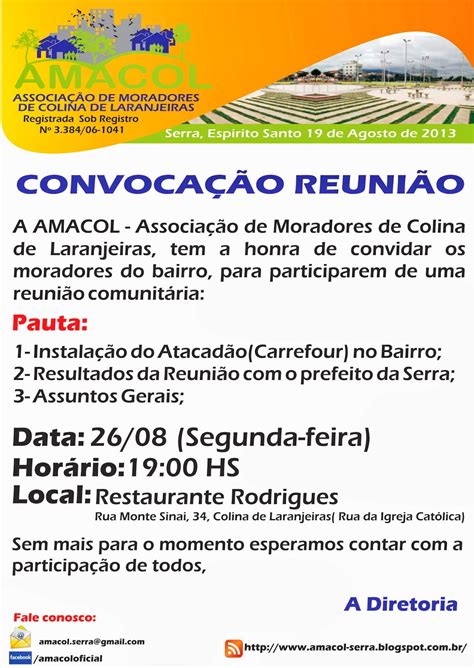 A crh, em parceria com a dimo, fará uma reunião com todos os servidores do instituto, com a finalidade de. AMACOL - Associação de Moradores de Colina de Laranjeiras: CONVOCAÇÃO REUNIÃO COMUNITÁRIA 26/08 ...