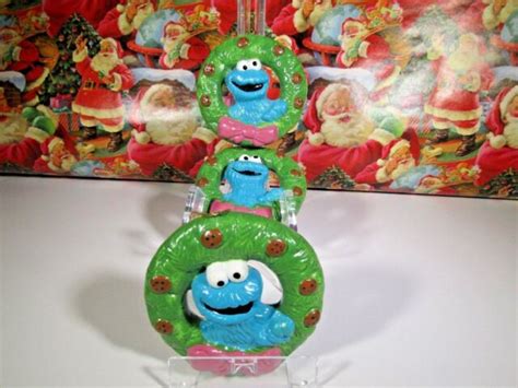 Rare1988lot Of 3 Ceramic Cookie Monster Christmas Ornaments Muppets