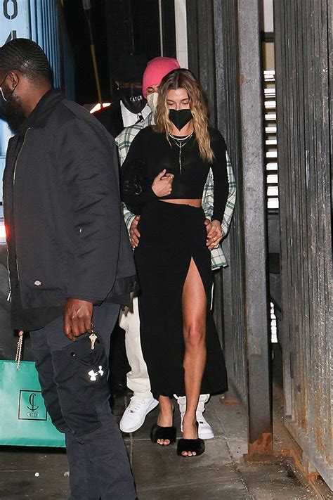 hailey baldwin wears black slit dress to dinner with justin bieber hollywood life