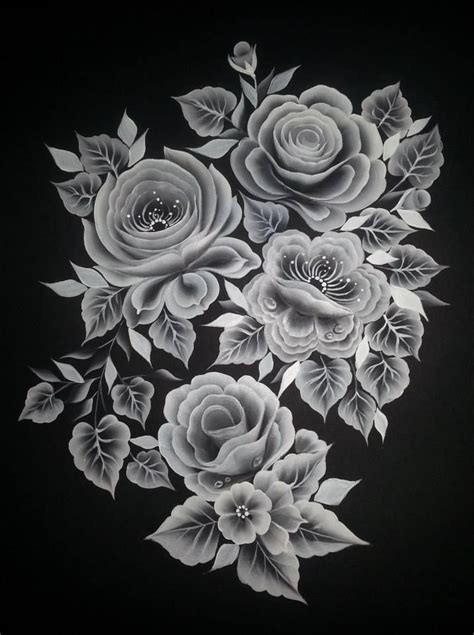 Black And White Roses One Stroke Painting By Amalia Copcea Folk Art