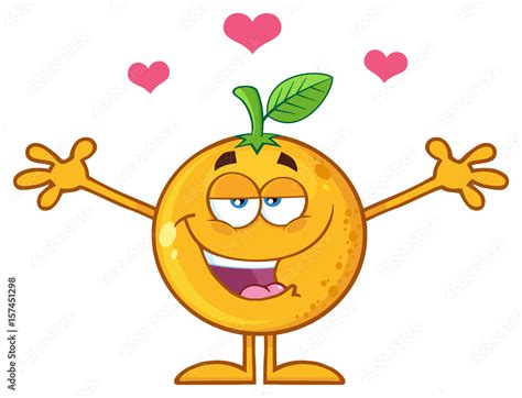 Happy Orange Fruit Cartoon Mascot Character With Hearts And With Open