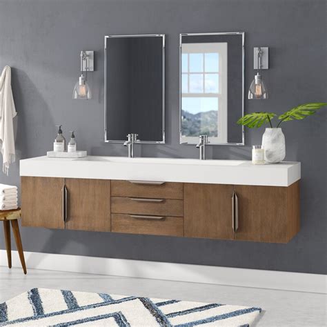 D vanity in white with marble vanity top in carrara white and chrome faucets Brayden Studio Hukill 72" Wall-Mounted Double Bathroom ...