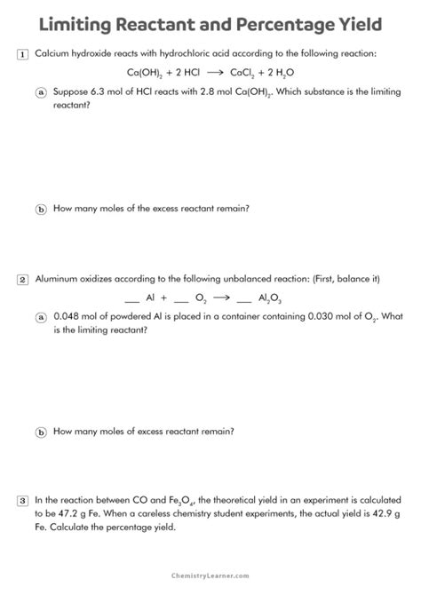 Free Printable Limiting Reactant And Percent Yield Worksheets