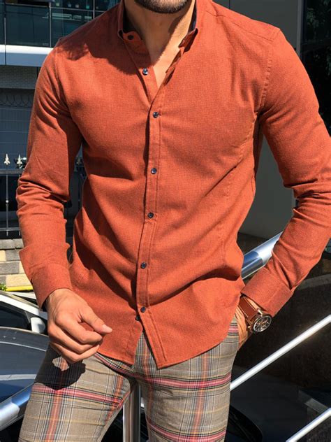 Buy Orange Slim Fit Button Collar Shirt By Free Shipping
