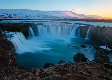 Waterfall Snowcapped Mountain Iceland Long Exposure Outdoors Solid