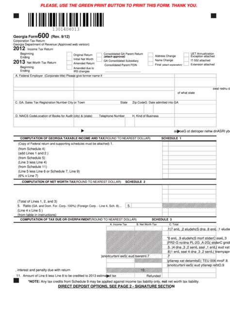 Georgia Form 600 Corporation Tax Return 20122013 Printable Pdf