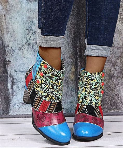 Rz Green And Blue Patchwork Ankle Boot Women Womens Boots Ankle Chunky Heeled Boots Heeled