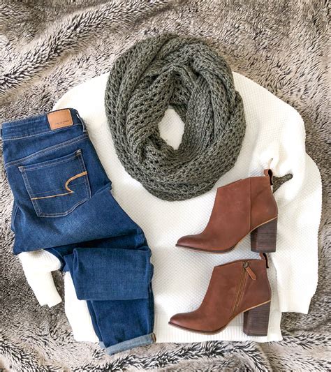 White Sweater Jeans Brown Booties Scarf Fall Winter Outfits Winter