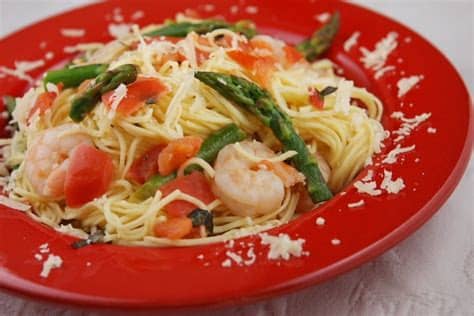 Generously salt the boiling water, add the pasta and cook until al dente (tender but firm to the bite), 3 to 4 minutes. Angel Hair Pasta with Shrimp, Asparagus and Basil