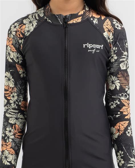 rip curl girls cosmic paradise zip long sleeve rash vest in washed black fast shipping and easy