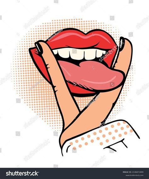 Red Pop Comic Lips With Tongue Fingers Letter V Hand Gesture Victory Tongue Sticking Out Of