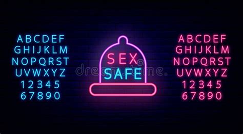 Sex Safe Neon Sign With Condom Frame Contraceptive Advertising With Alphabet Isolated Vector