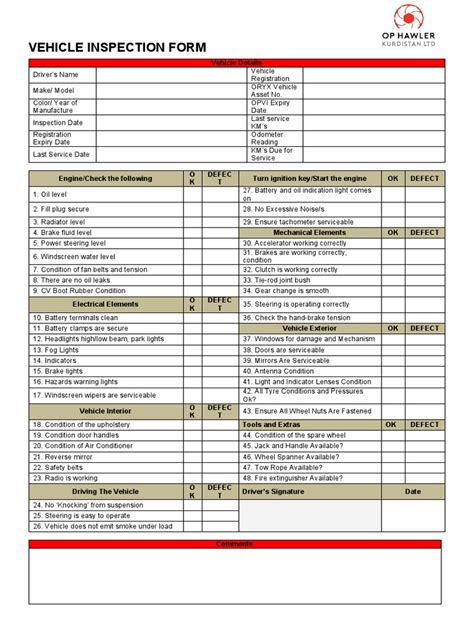 Vehicle Inspection Form Rev02 Pdf Vehicles Steering
